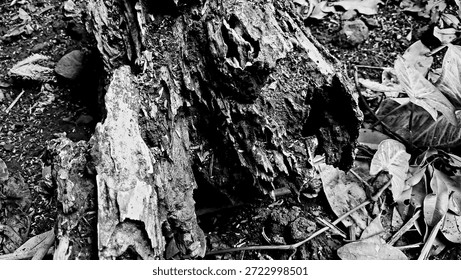 Black and white macro of a decaying tree stump. Dramatic monochrome texture of rotten wood and fallen dry leaves on the forest floor, ideal for artistic nature and organic background designs.
