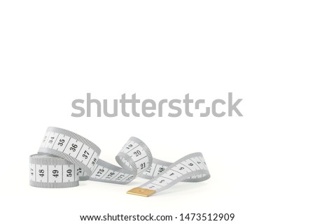 Black and white measuring tape rolled up with a curved end with an empty place for text isolated on white background