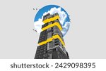 Black and white modern building with yellow abstract elements, blue sky design and flying birds. Contemporary art collage. Concept of architecture, real estate marketing, urban style