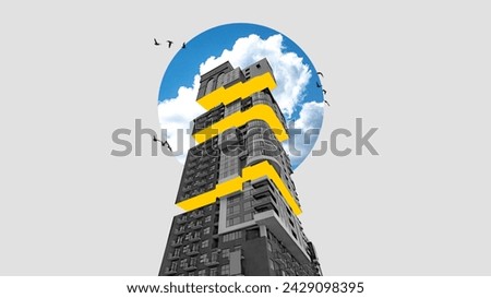 Black and white modern building with yellow abstract elements, blue sky design and flying birds. Contemporary art collage. Concept of architecture, real estate marketing, urban style