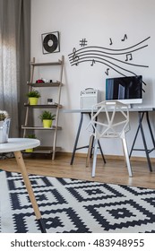 Black And White Modern Home Office With A Music Wall Decor