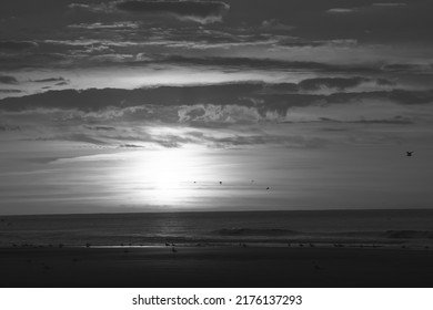 Black and white, or monochrome, dramatic sunset on the beach with beautiful colorful sky, Cap Blanc Nez, opal coast of France, Europe. High quality photo
