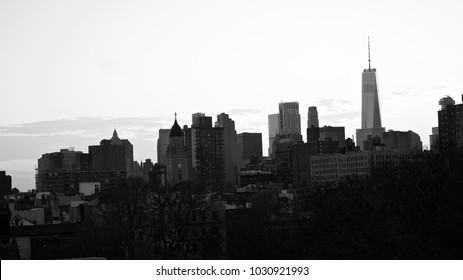 Black and White New York City Skyline in Winter at Sunset. USA