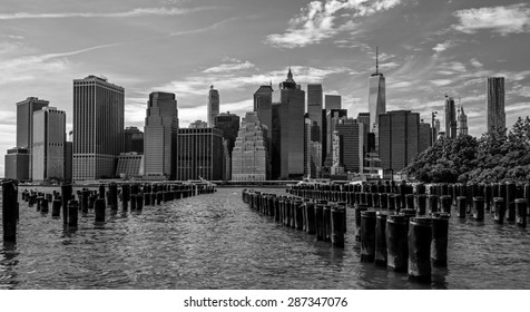 Black and White New York Financial District from Brooklyn Bridge Park with Old Pier