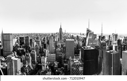 Black And White Of New York Skyline Panorama. Aerial View Of Manhattan In New York City, USA.