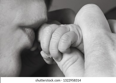 Black And White Newborn Premature Baby With Parents Mom And Dads Hands Support