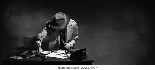 Black and white, noir photography. Man, professional detective in hat, smoking pipe and finding fingerprints, clues of case. Concept of occupation, character, history. Retro style. Copy space for ad - Shutterstock ID 2268278937