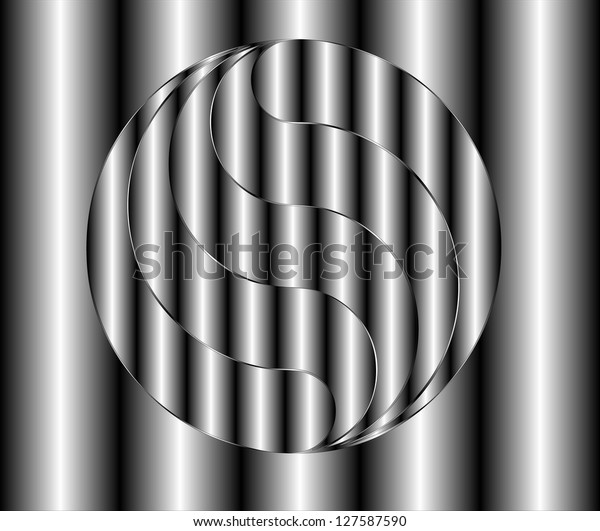 Black and white op-art\
sphere with grey rods divided into 5 parts of equal circumference\
and area