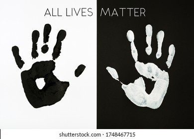 Black and white palm prints background inscription All Lives Matter. Equal Symbol. No racism concept.