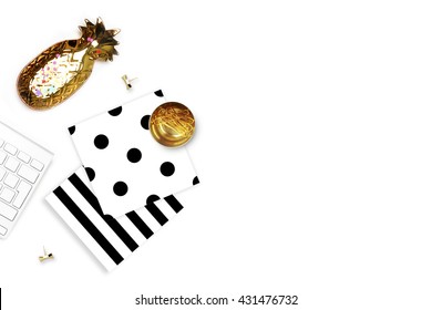 Black and White pattern, mock-up background. Keyboard with pineapple on the table. Flat lay