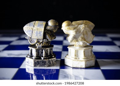 Black And White Pawns From Harry Potter Movie On The Chessboard - Saint Petersburg, Russia, June 2021