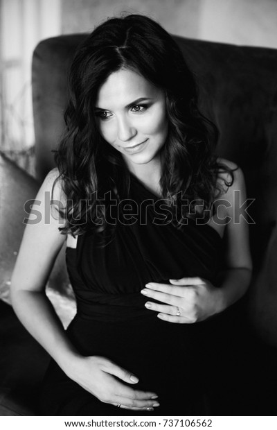 Black White Photo Beautiful Brunette Pregnant Stock Photo Edit