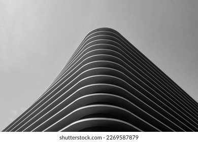 Black and white photo. Beautiful modern architecture of the building