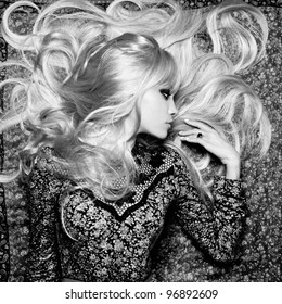 Black And White Photo Of  Beautiful Woman With Magnificent Hair