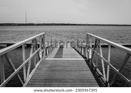 Black and white photo of a boat mooring pier