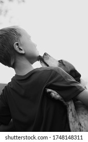 Black And White Photo Of Boy And Dog With Dog Licking The Boys Face 