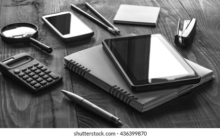 Black And White Photo. Business Background. Workplace Businessman Or A Freelancer. Layout.