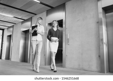 Black And White Photo Of Business People Coming Out Of Elevator In Office