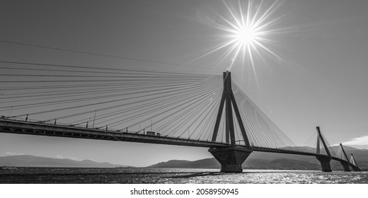 Black and white photo of a cable-stayed bridge in Patras