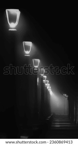 Black and white photo of a corridor with street lights