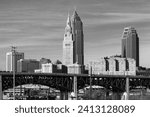 Black and white photo of downtown Cleveland