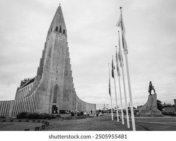 A black and white photo of the famous Hallgrímskirkja church in Reykjavik, Iceland.  - Powered by Shutterstock