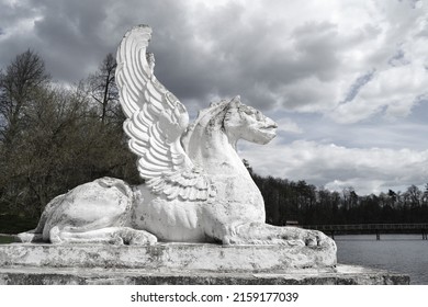 Black and white photo of the Gryphon sculpture in Marfino estate in the Moscow region