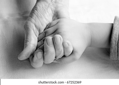 Black And White Photo Of The Hands Of A Grandmother And Child