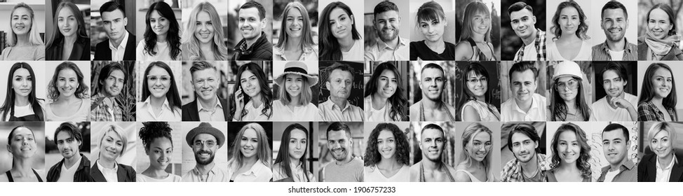 Black And White Photo. A Lot Of Happy People, Portraits Of Group Headshots In Collage Mosaic Collection. Many Smiling Multicultural Faces Looking At Camera. Human Resource Society Database Concept.
