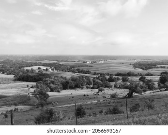 Black And White Photo Of Iowa Farmland At Scenic Overlook