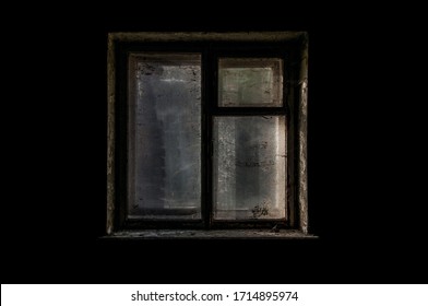 Black And White Photo With Noise And Film Grain. Abandoned Hotel Building. Old Dirty Window, Isolate On Black Background. Horror Interior