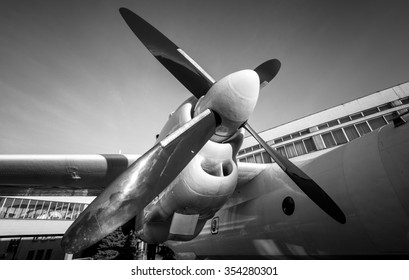 Black And White Photo Of Old Airplane Engine