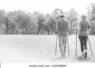 Black And White Photo Of Rear View Of Healthy Senior Couple With Hiking Poles Walking On Field