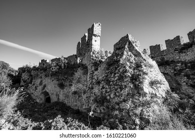 Black And White Photo Of Remains Of The Old Castle Of Navarino (Palaiokastro Or Paliokastro). The Site Of The Athenian Fort  Battle Of Pylos. Pylos-Nestor, Messenia, Peloponnese, Greece