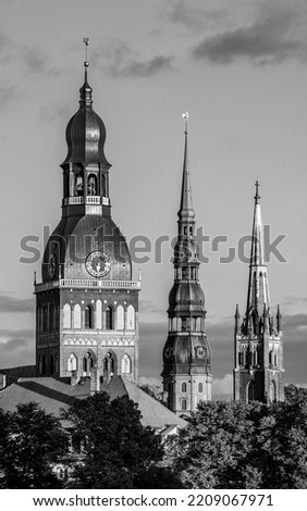 A black and white photo of Riga with three church towers and trees. The steeples of Riga Cathedral, St. Peter's Church and St. Saviour's Church In Riga Old Town can be seen behind trees.