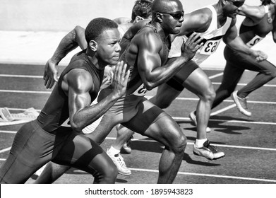 Black And White Photo Of Runner Athletes Running On Tracking Field