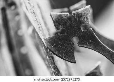 A black and white photo of a rusty axe with a cross on it. The axe is leaning against a wall and he is in a state of disrepair. The photo has a moody and somewhat eerie feel to it