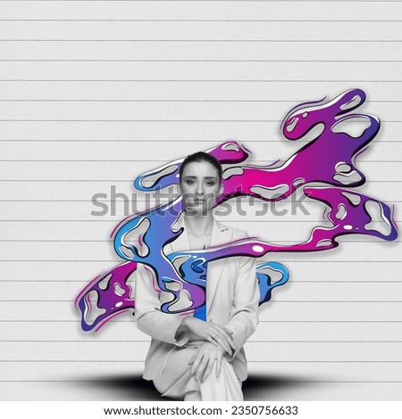 Black and white photo of sad looking woman over colorful splashes. Memories and emotions. Contemporary art collage. Concept of surrealism, psychology, inner world, imagination, diversity. Ad