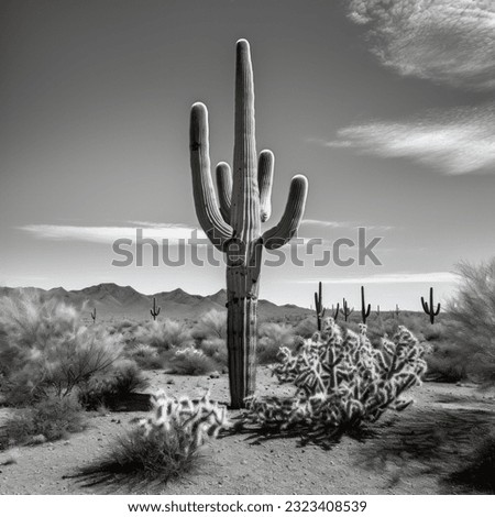 black and white photo of a saguaro cactus in the desert, High quality photo