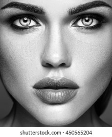 Black And White Photo Of Sensual Glamour Beautiful Woman Model Lady With Fresh Daily Makeup And Clean Healthy Skin Face