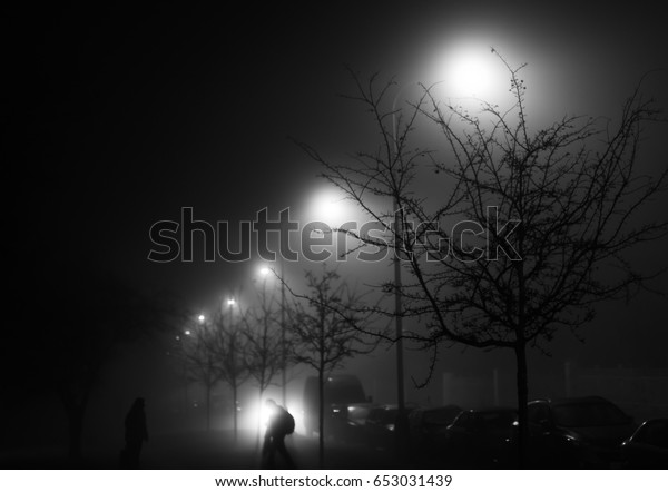 A black and white photo of a street at night\
with street lights shining behind the trees and silhouettes of two\
people walking on a foggy\
night
