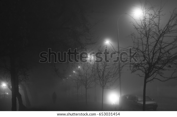A black and white photo of a street at night with
street lights shining behind the trees and silhouette of a person
on a foggy night