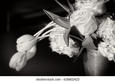 Black and White photo of Tulips and Roses