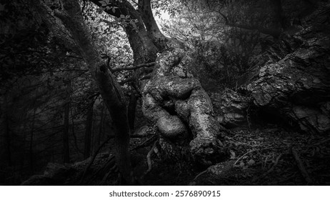 Black and white photo of a twisted tree trunk resembling a human figure in a dark forest setting.