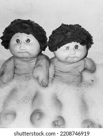 Black And White Photo Of Two Cabbage Patch Kids In A Bubble Bath