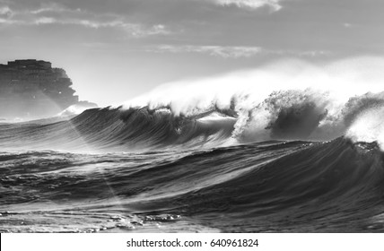 Black and white photo of waves, Sydney Australia