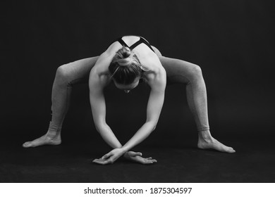 Black And White Photo Of Yoga Girl Performing Asana.