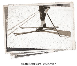 Black And White Photos, Vintage Photos Old Wooden Skis And Leather Ski Boots