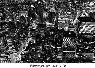 Black And White Picture With An Aerial View Of Manhattan, NYC, At Night