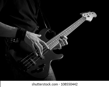 black and white bass guitar